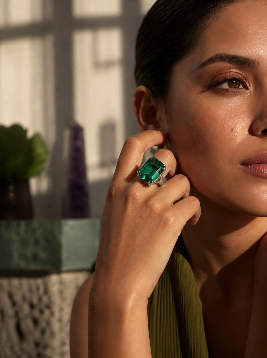 Mujer luciendo un anillo de plata con gema verde